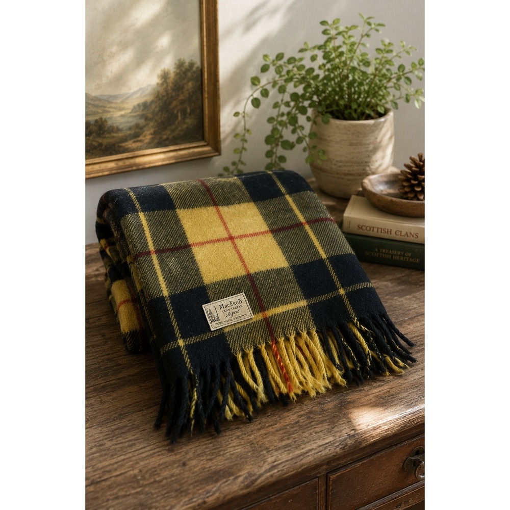 Vintage MacLeod Clan Tartan Wool Throw Blanket Fringe Scottish Plaid Yellow Red